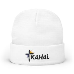 embroidered knit beanie with kahal design, cozy winter hat, personalized gift, faith based fashion, church event accessory